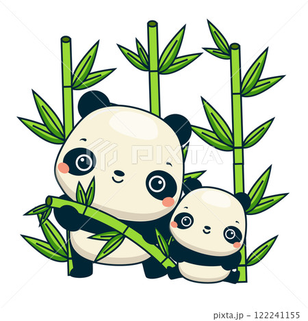 Cute panda bears mother and baby in bamboo forest. Cartoon animal family characters for kids and children 122241155