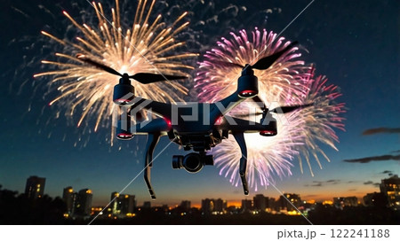 【16:9版】ドローン画像 花火を撮影するドローン 4本アーム 黒 【16:9版】ドローン画像 花火を撮影するドローン 4本アーム 黒 122241188