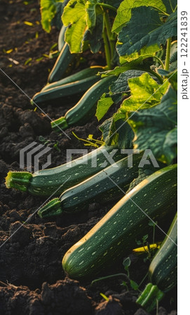 On a flourishing plantation, zucchinis grow abundantly, their fresh, green forms standing out against the rich soil and verdant leaves On a flourishing plantation, zucchinis grow abundantly, their fresh, green forms standing out against the rich soil and verdant leaves 122241839