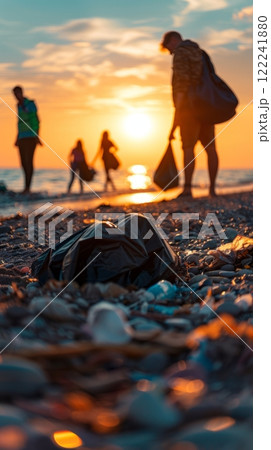 Environmental activists converge on a littered sea beach, driven by passion and dedication, joining forces in a united effort to clean up, against the serene backdrop of a pristine shoreline 122241880