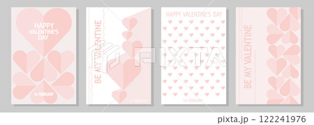 Set of Happy Valentine's Day trendy cards. Modern flat design with geometric icons, hearts, flowers. Mosaic minimalist background, banner, template with simple shapes. 122241976