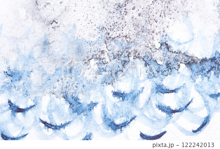 Abstract ocean waves and white cloudy sky in blue watercolor painting Abstract ocean waves and white cloudy sky in blue watercolor painting 122242013