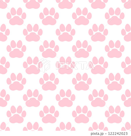 Pink paw print seamless repeating background pattern. Cat or dog footprints. Vector illustration. Pink paw print seamless repeating background pattern. Cat or dog footprints. Vector illustration. 122242023