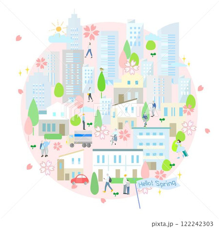 桜と建物群ー街並みと人々の歩く風景ベクターイラストー地球の中にいる人たちー春の背景素材 122242303