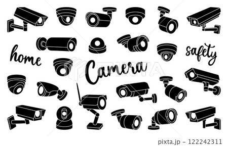Black security cameras set. Safety home protection system. Vector illustration. 122242311