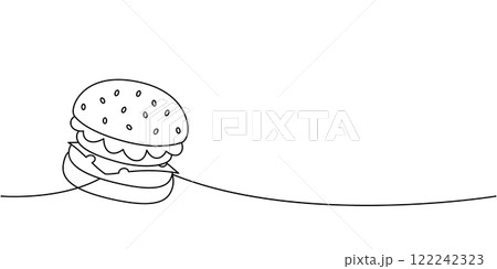Tasty craft burger with bun one line continuous drawing. Traditional American fast food. Vector illustration. 122242323