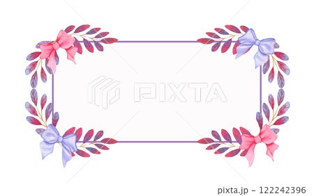 Watercolor rectangle frame with pink and violet bows and violet rose brunches.  122242396