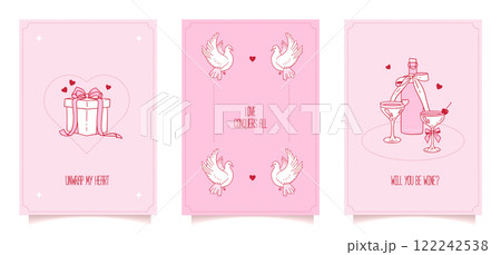 Coquette Valentine s day greeting cards set decorated with coquette bows, ribbons. Gift box, doves and wine with satin bows and funny quotes. Hand drawn line art vector illustrations 122242538