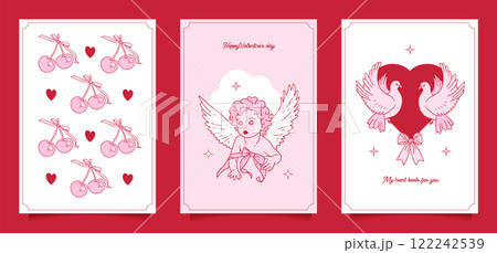 Valentine s day greeting cards set with pink bows, cupid, doves and cherries. Trendy minimalistic vintage print. Vector hand drawn design for posters, labels, ads. 122242539