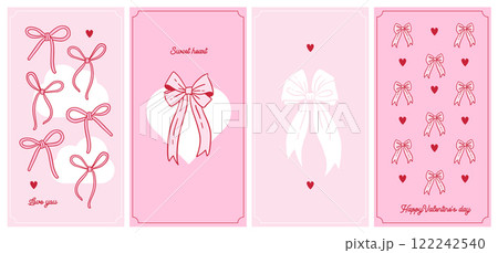 Creative minimalistic concept of Happy Valentines Day cards set. Modern abstract art design with hearts and satin bows. Vector hand drawn Templates for celebration, ads, branding, banner, cover, label 122242540