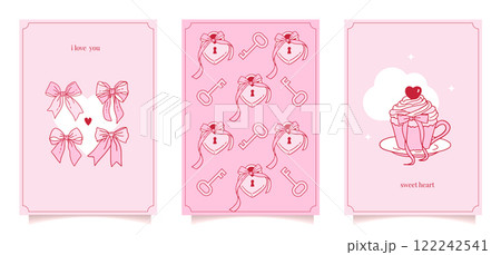 Valentine s Day cute minimalistic greeting cards collection. Pink girly coquette y2k aesthetic set, elegant vintage accessory. Lovely cute red contoured pink ribbon, bow, coffee. Vector illustration 122242541