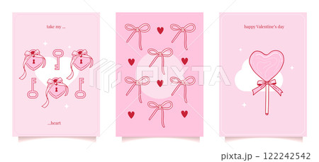Pink Bow Tie Ribbon Coquette Vintage Valentine s Day Love greeting cards set. Cute girly contour hand drawn vector illustration of lollipop, locks with key. 122242542