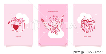 Ribbon bow coquettish girly greeting cards set with doodle hand drawn elements decorated with romantic knots. Feminine Valentine holiday posters, vintage coquette festive design. vector illustration. Ribbon bow coquettish girly greeting cards set with doodle hand drawn elements decorated with romantic knots. Feminine Valentine holiday posters, vintage coquette festive design. vector illustration. 122242543