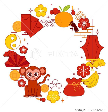 Chinese lantern festival new year 2028 monkey circle round frame. Vector graphic line illustration template 122242656