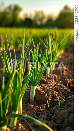 In the plantation fields, green onions thrive in dense, lush clusters, their crisp, green foliage thriving under optimal growing conditions, ideal for both cooking and garnishing 122242709