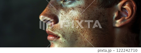 A candid realism photo portrait captures a guy with multiple freckles on his face, showcasing his natural charm and features in an unposed and authentic manner, banner 122242710