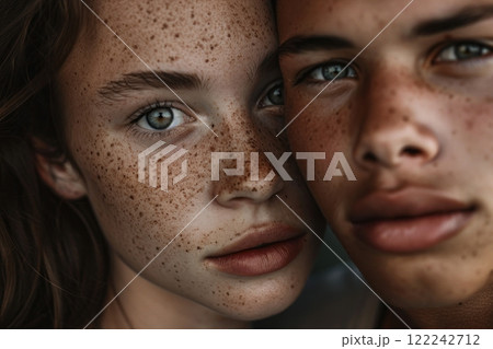 A close-up photo captures a freckled girl and a guy, their faces framed together, highlighting their unique features and the warmth of their connection A close-up photo captures a freckled girl and a guy, their faces framed together, highlighting their unique features and the warmth of their connection 122242712