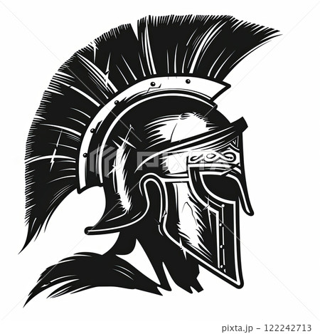 The ancient silhouette of Spartan warrior helmet is portrayed with precision, emphasizing its iconic features and symbolic representation of strength and valor in ancient Greek history, illustration 122242713