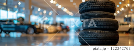 A stack of tires on the background of cars A stack of tires on the background of cars 122242762