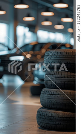 A stack of tires on the background of cars A stack of tires on the background of cars 122242765