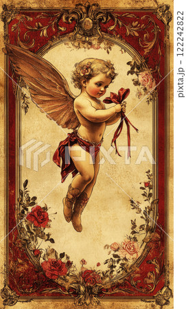 A classic vintage Valentine's Day postcard with a floral border, cupid holding a bow, sepia tones, and faded reds and golds, creating a romantic, antique atmosphere 122242822