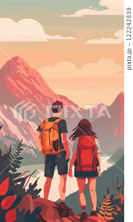 Couple of young people hiking on top of a mountain, traveling to the mountains 122242839