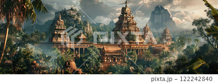 Majestic Hindu temple with jungle and mountains in the background, banner 122242840