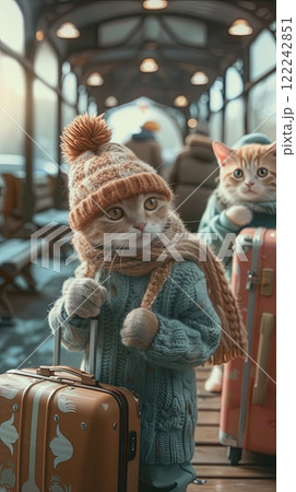 Cute kind funny cats in winter clothes and hats at the railway station with suitcases, children's book Cute kind funny cats in winter clothes and hats at the railway station with suitcases, children's book 122242851