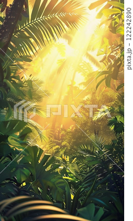 Illustration of a wild tropical jungle in bright colors, the rays of the bright sun penetrate through the palm trees and plants 122242890