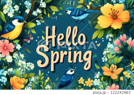 Hello Spring typography design surrounded by colorful flowers, butterflies, and birds, celebrating the season beauty 122242963