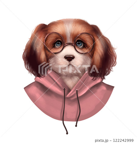 Cute dog illustration. Puppy in a pink hoody and glasses. 122242999