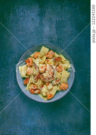 papardelle pasta in creamy sauce with seafood, homemade, no people, 122243100