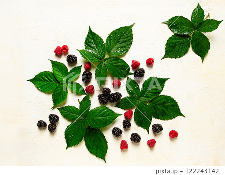 fresh blackberries and raspberries, with foliage, top view, on a light background, no people, fresh blackberries and raspberries, with foliage, top view, on a light background, no people, 122243142
