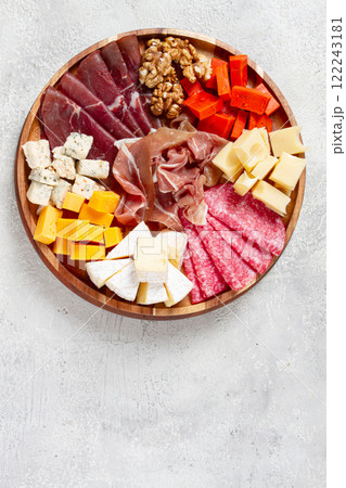 assortment of cheese meat cuts, on a plate, top view, no people, assortment of cheese meat cuts, on a plate, top view, no people, 122243181