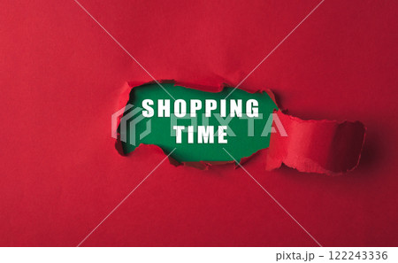 Red background with a green word that says shopping time 122243336