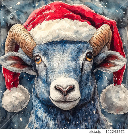 Blue ram with a red hat on its head 122243371