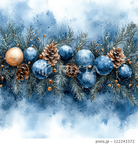 Blue and gold wreath of Christmas ornaments 122243372