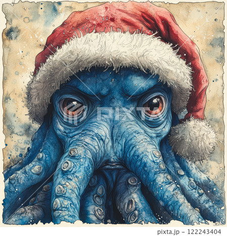 Blue octopus with a red hat on its head 122243404