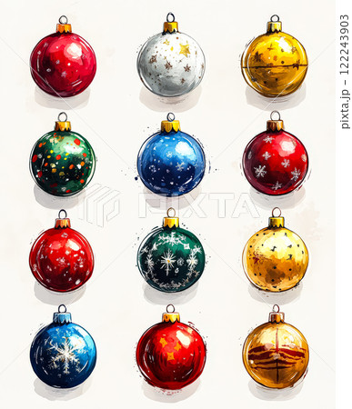 Set of nine glass ornaments, each with a different color, are arranged in a row. 122243903