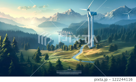 Flat style concept of an eco home private house with solar panels, wind turbines 122244116