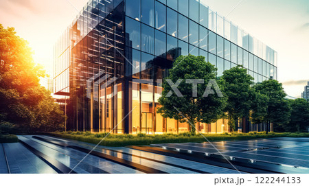Sustainable green building eco friendly glass office with trees to reduce CO2. 122244133