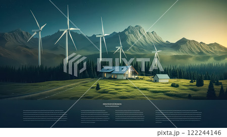 Flat style concept of an eco home private house with solar panels, wind turbines 122244146