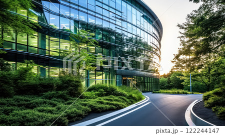 Sustainable green building eco friendly glass office with trees to reduce CO2. Sustainable green building eco friendly glass office with trees to reduce CO2. 122244147