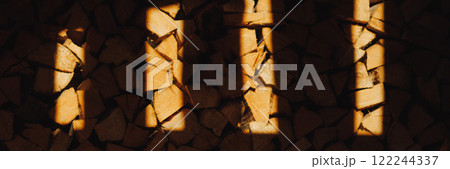Banner wood stacked firewood logs. Natural fuel concept 122244337
