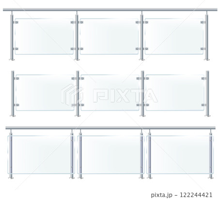 Glass or plexiglass fence with banisters. Architectural guardrail for balcony or office terrace. 122244421