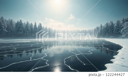 winter landscape of frozen lake and blue sky 122244427