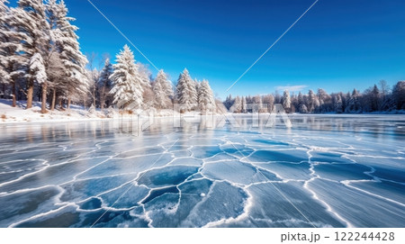 winter landscape of frozen lake and blue sky 122244428