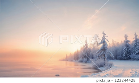 winter landscape of frozen lake and blue sky 122244429
