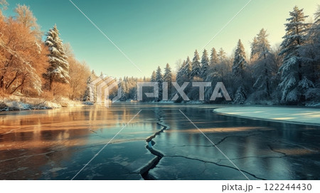 winter landscape of frozen lake and blue sky 122244430