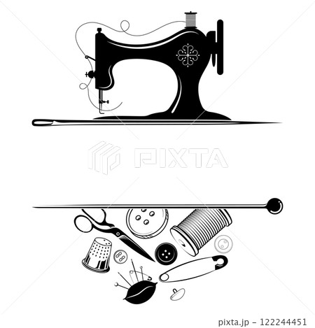 Sewing machine and needle scissors pin. Design for sewing and cutting Sewing machine and needle scissors pin. Design for sewing and cutting 122244451